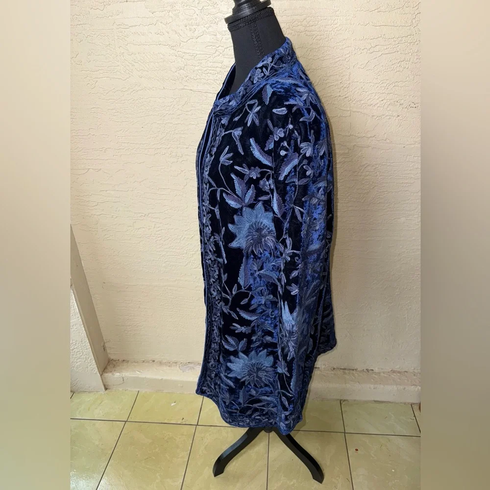 Soft Surroundings Navy Blue Velvet Embroidered Trench Coat - Picture 10 of 16